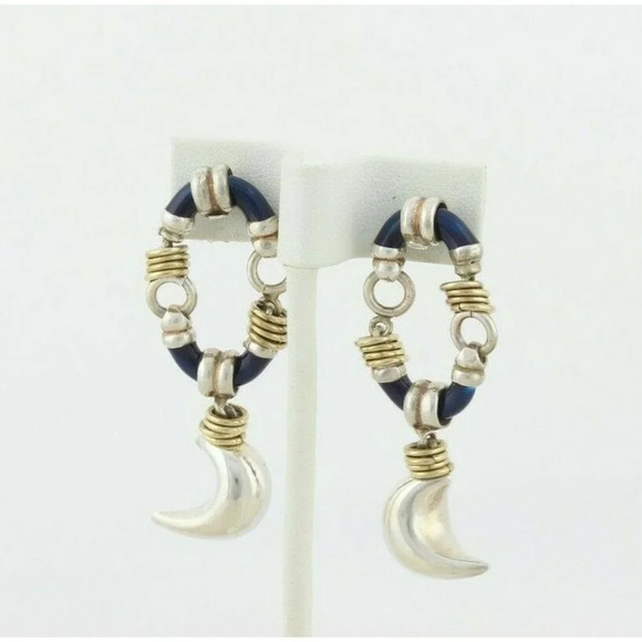 Sterling Silver Blue Crescent Moon Earrings Puffy Moon Dangle Drop Earrings - Picture 6 of 6